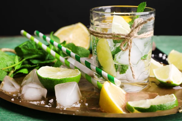 Fresh ingredients for mojito on old tray — Stock Photo, Image