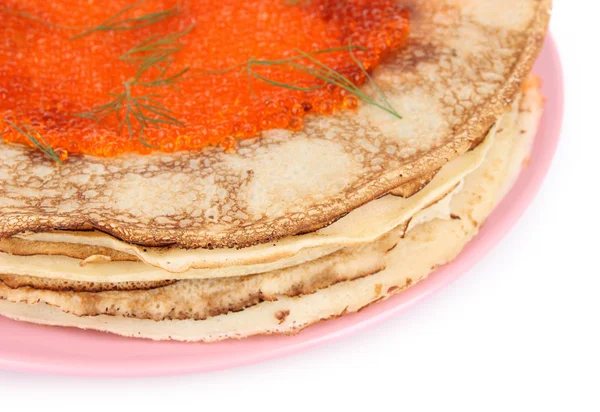 Delicious pancakes with red caviar isolated on white — Stock Photo, Image