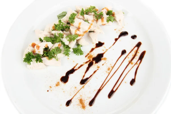 Boiled   chopped chicken meat with paprika and sauce, close-up — Stock Photo, Image