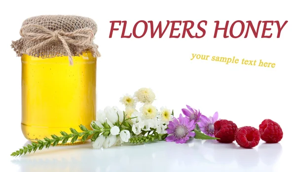 Jar full of delicious fresh honey and wild flowers, isolated on white — Stock Photo, Image