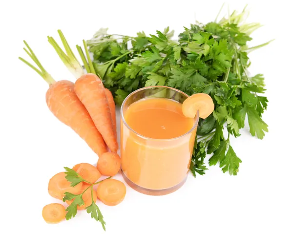 Glass of carrot juice with fresh carrots and parsley isolated on white — Stock Photo, Image