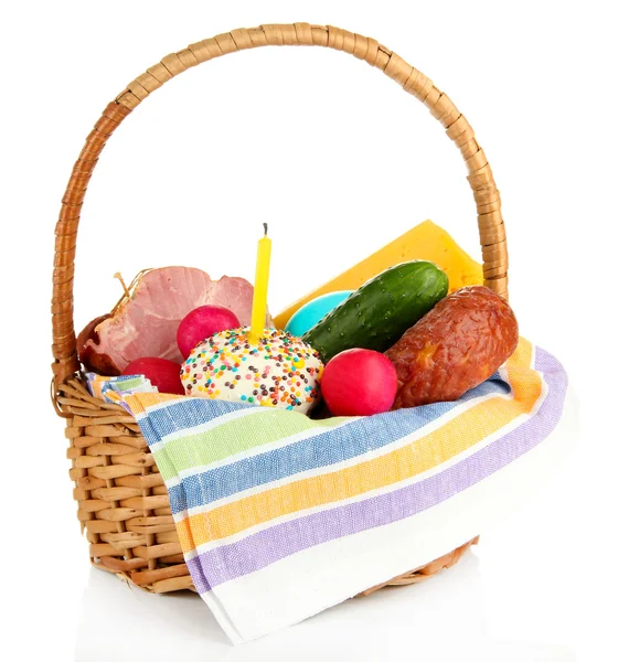 Easter basket: Conceptual photo of traditional easter food in wicker basket, isolated on white — Stock Photo, Image