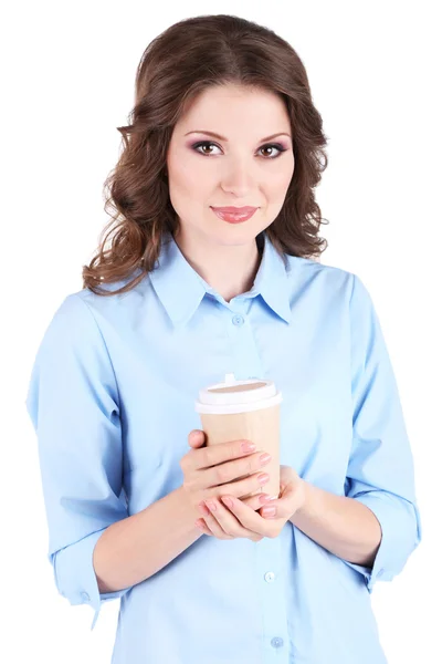 Young business woman with cup of coffee isolated on white — Stock Photo, Image