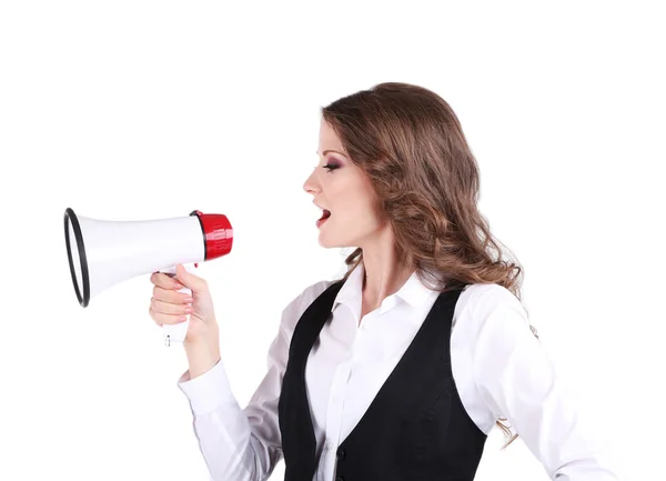 Jovem mulher de negócios com megafone isolado em branco — Fotografia de Stock