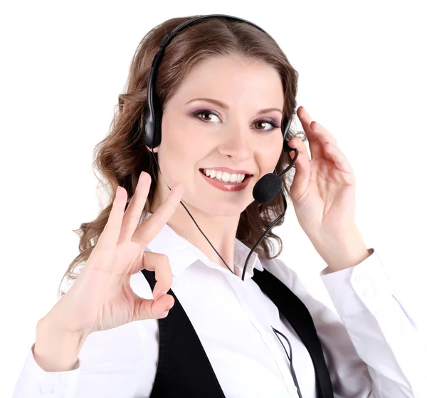 Fiatal üzletasszony elszigetelt fehér fülhallgató — Stock Fotó