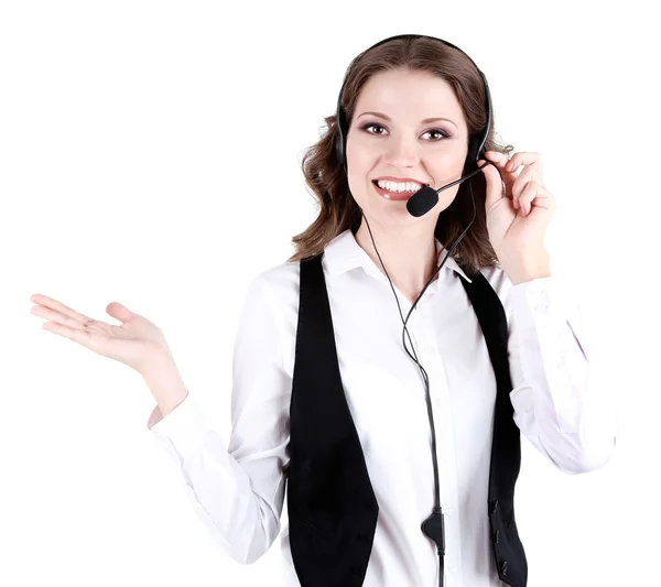 Joven mujer de negocios con auriculares aislados en blanco —  Fotos de Stock