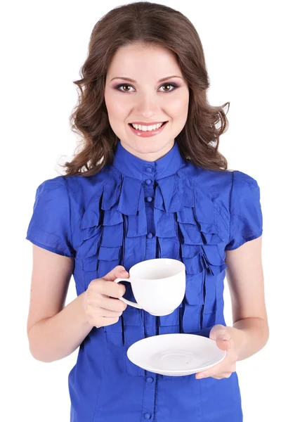 Jeune femme d'affaires avec tasse isolée sur blanc — Photo