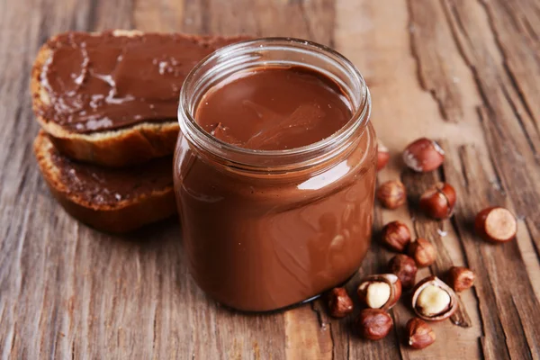 Sweet chocolate cream in jar — Stok Foto