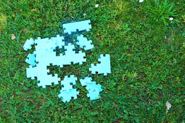 Puzzleteile auf grünem Gras — Stockfoto