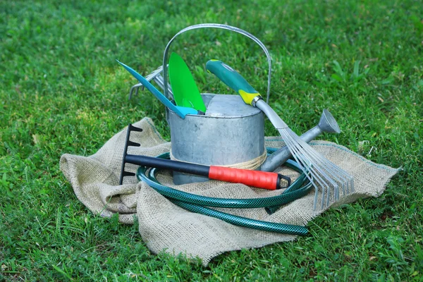 Tuingereedschap op groen gras — Stockfoto