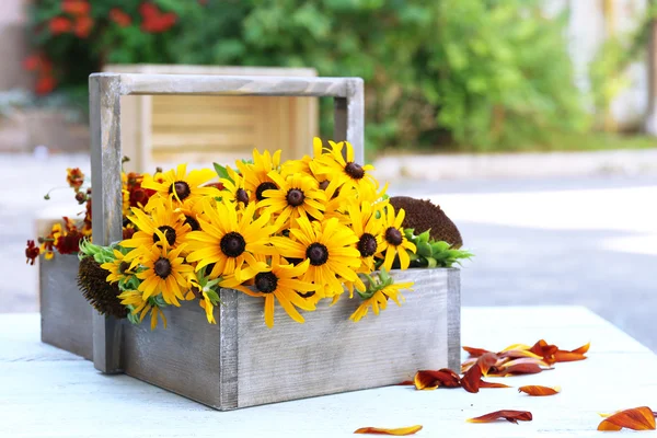 Rudbeckia flores em cesta de madeira — Fotografia de Stock