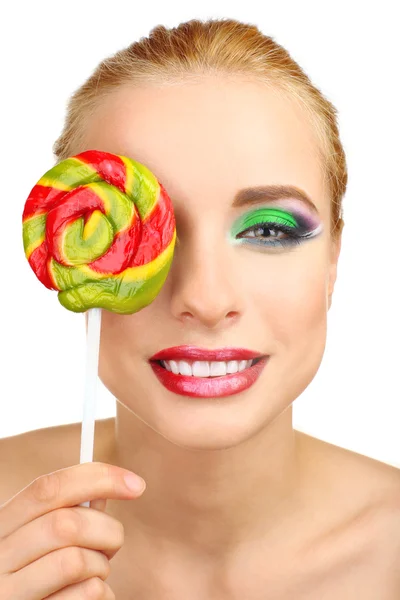 Hermosa mujer con piruleta de colores, aislado en blanco —  Fotos de Stock