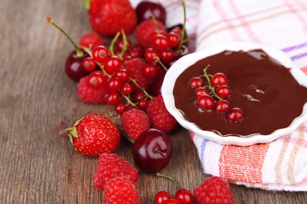 熟した果実と液体チョコレート — ストック写真