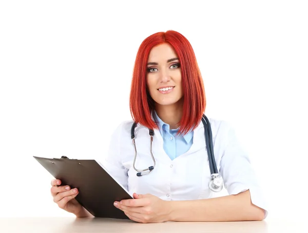 Young beautiful doctor holding folder isolated on white — Stock Photo, Image