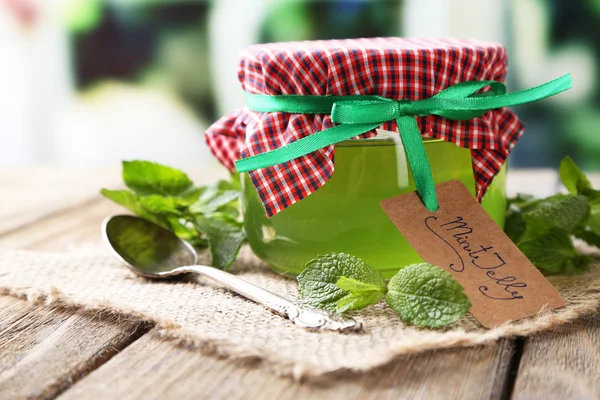 Homemade mint jelly in glass jar — Stock Photo, Image