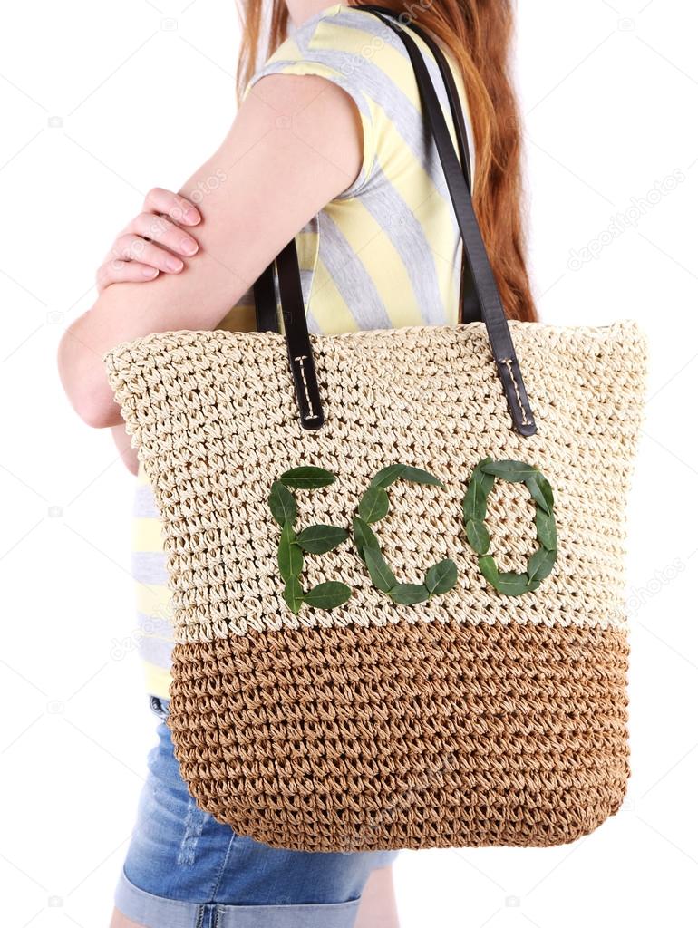 Woman with wicker Eco bag