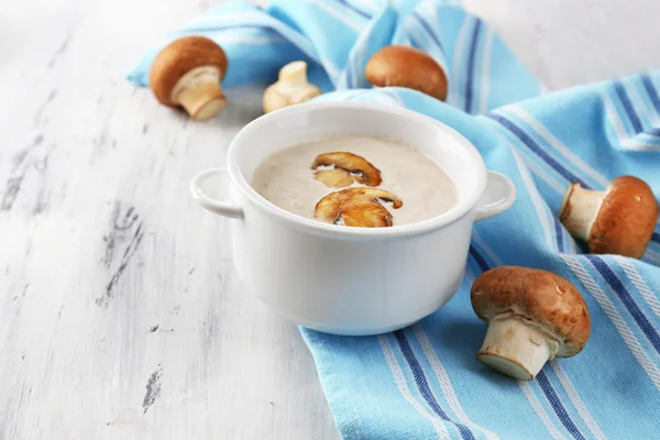 Mushroom soup in white pot — Stock Photo, Image