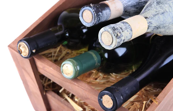 Bottiglie di vino in scatola di legno — Foto Stock