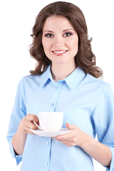 Giovane donna d'affari con coppa isolata su bianco — Foto Stock