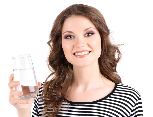 Menina bonita bebe água isolada no branco — Fotografia de Stock