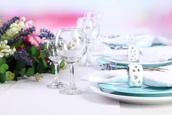 Dining table setting with lavender flowers — Stock Photo, Image