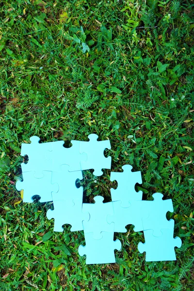 Puzzle kousky na zelené trávě — Stock fotografie