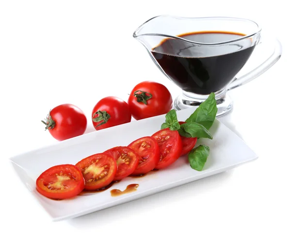 Balsamvinäger, tomat och basilika — Stockfoto