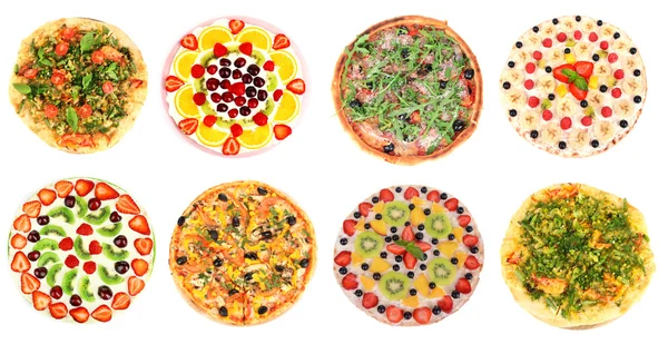 Collage de diferentes pizzas aisladas en blanco — Foto de Stock