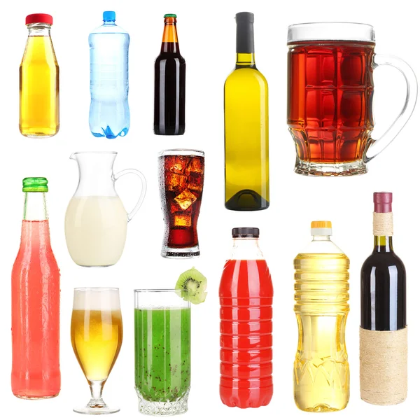 Collage av olika drycker isolerad på vit — Stockfoto
