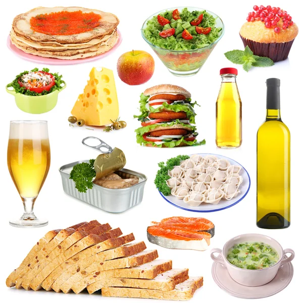 Food and drinks collage isolated on white — Stock Image Food and drinks collage isolated on white Stock Image