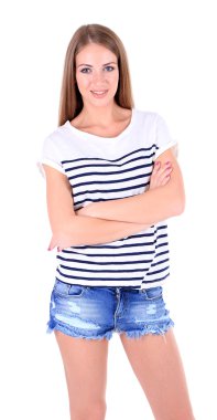 şort ve tişört üzerine beyaz izole güzel genç kız