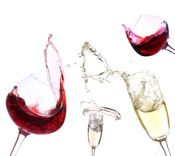 Glasses with red wine and champagne, isolated on white — Stock Photo, Image