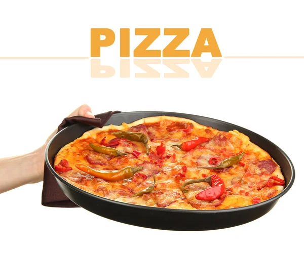 Hand holding pepperoni pizza in pan isolated on white — Stock Photo, Image