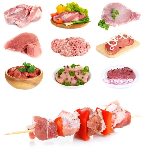 Collage de carne cruda aislada en blanco —  Fotos de Stock