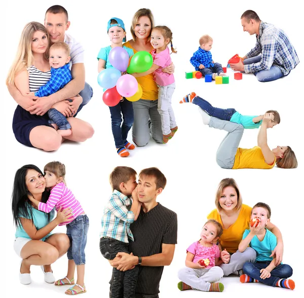 Set photos of happy families isolated on white — Stock Photo, Image