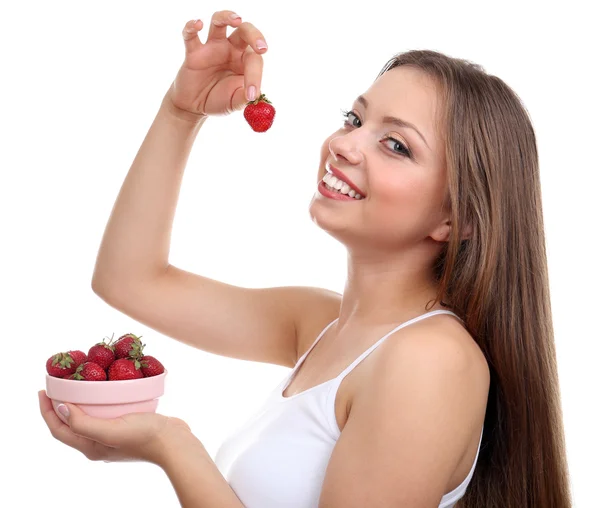 딸기, 아름 다운 소녀 흰색 절연 — 스톡 사진