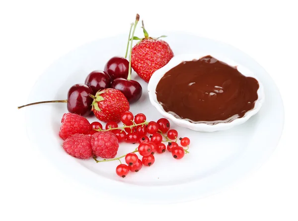 Ripe sweet berries and liquid chocolate, isolated on white — Stock Photo, Image