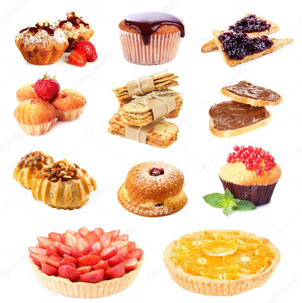 Sweet food collage isolated on white