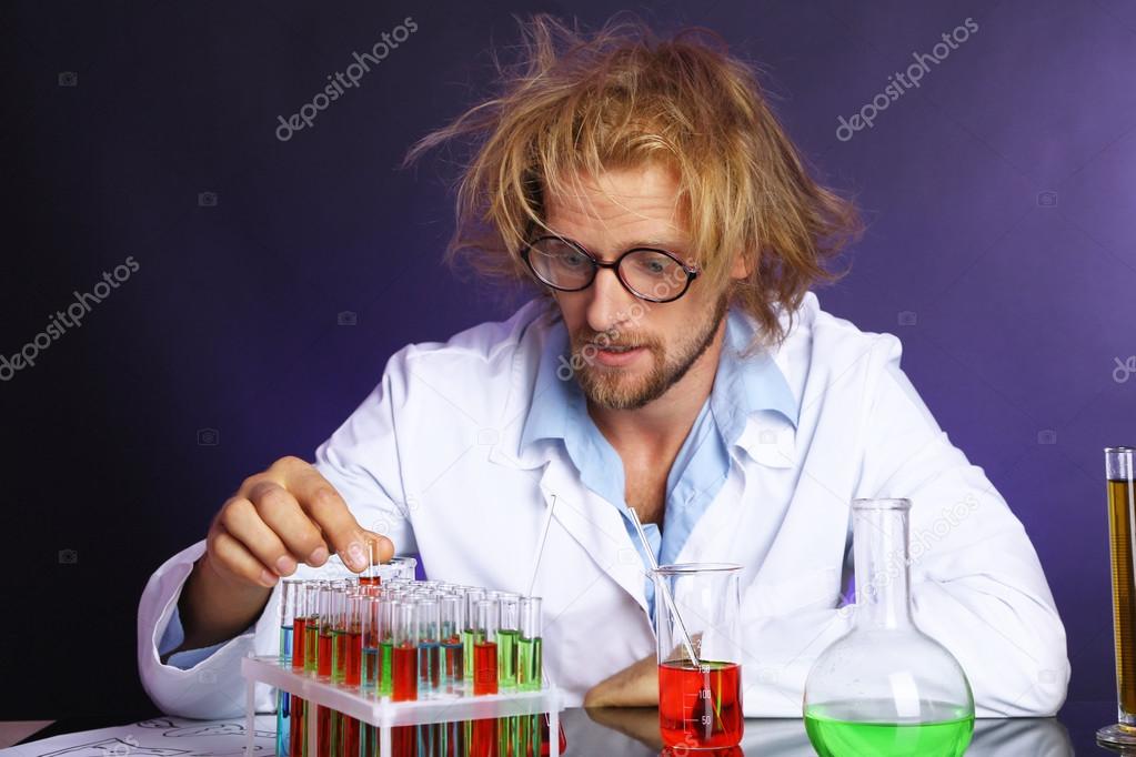 Crazy scientist in laboratory