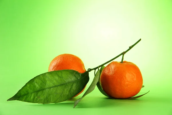 Reife süße Mandarinen mit Blättern, auf grünem Hintergrund — Stockfoto