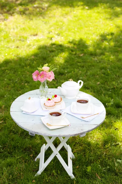 Konferenční stolek s šálky a chutné dorty v zahradě — Stock fotografie