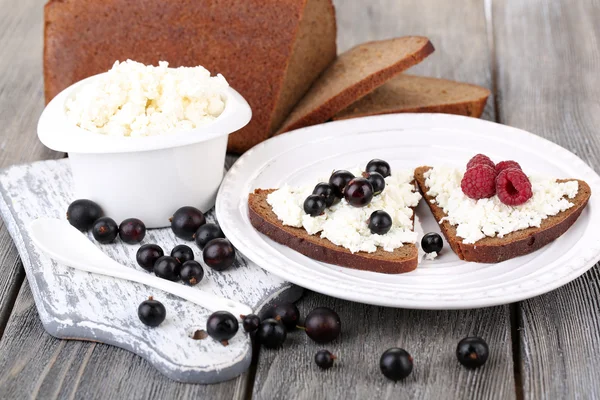 Pane con ricotta e bacche sul piatto primo piano — Foto Stock