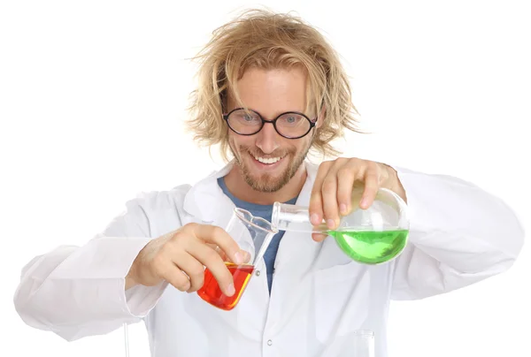 Crazy scientist with tubes — Stock Photo, Image