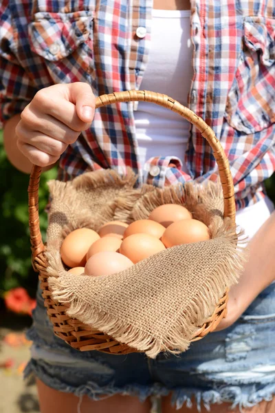 Huevos en canasta de mimbre —  Fotos de Stock