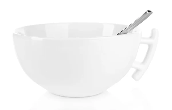 带上白色孤立的茶勺的空杯 — 图库照片