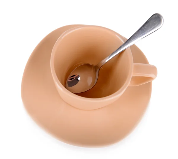 Taza vacía con cuchara de té aislada en blanco —  Fotos de Stock