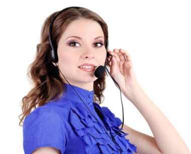 genç iş kadını ile üzerine beyaz izole kulaklık