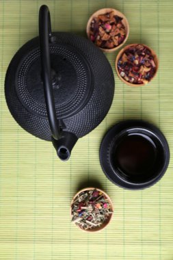 Siyah çaydanlık ve çay