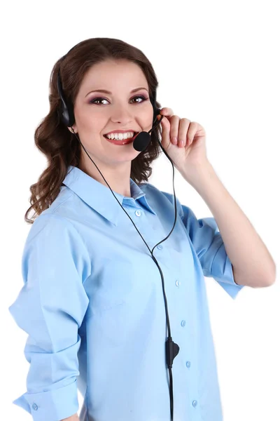 Biznes kobieta na białym tle zestaw słuchawkowy — Zdjęcie stockowe
