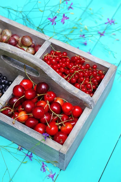 Frische Beeren in Holzkiste — Stockfoto